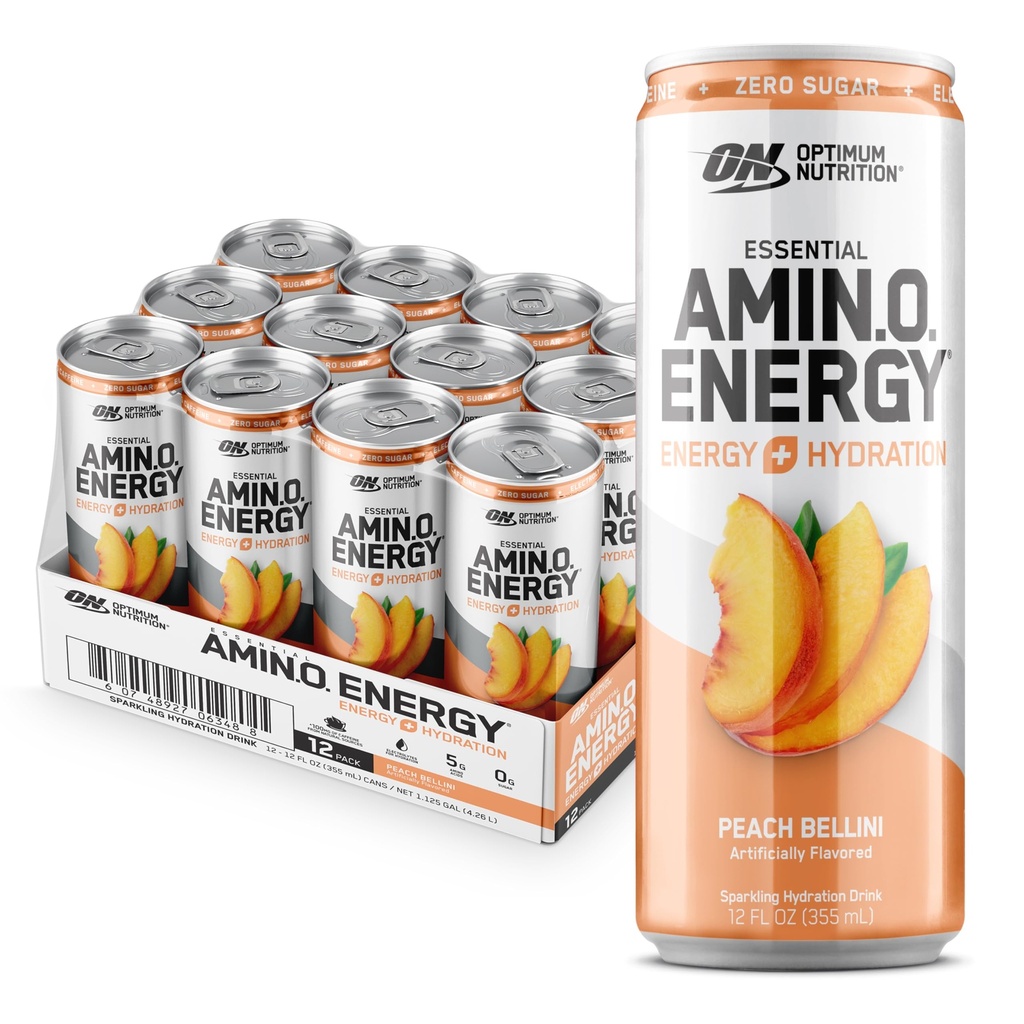 Optimum Nutrition Amino Energy Sflaging Hydration Drink, Electrolytes, Kofeina, Amino Acids, BCAA, Sugar Free, Peach Bellini, 12 Fl Oz, 12 Pack (Packaging May Vary)