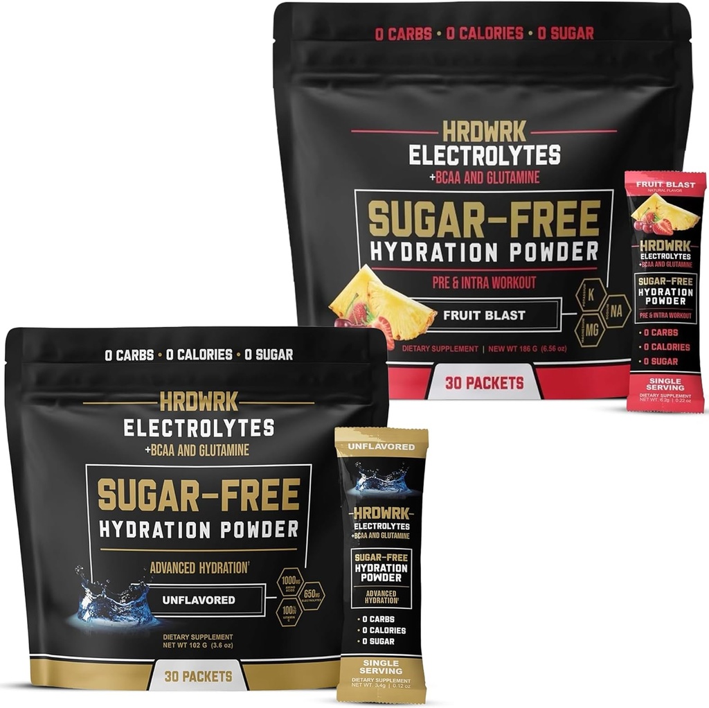 Pakiety elektrolitów HRDWRK do zestawu odmian nawadniających z magnezem, sokiem potasowym, BCAA i glutaminą; proszek Keto Electrolytes bez cukru, bez smaku i owoców Blast (60 Count)