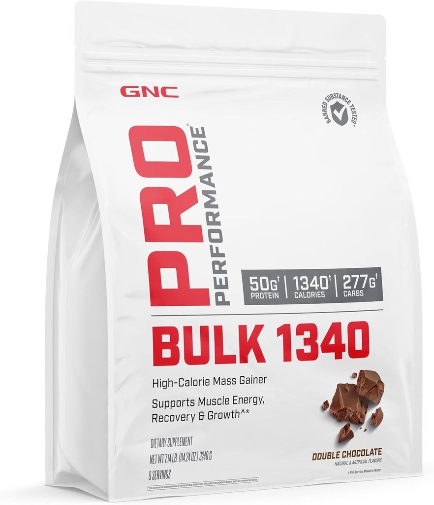 GNC Pro Performance luzem 1340 Mass Gainer Protein Powder, 50g, Gluten Free, Serwatka, Kreatyna, BCAA, 3. Party Tested, Odzysk mięśni i wzrost, Mikroskładników, Podwójna czekolada, 9 Służenie
