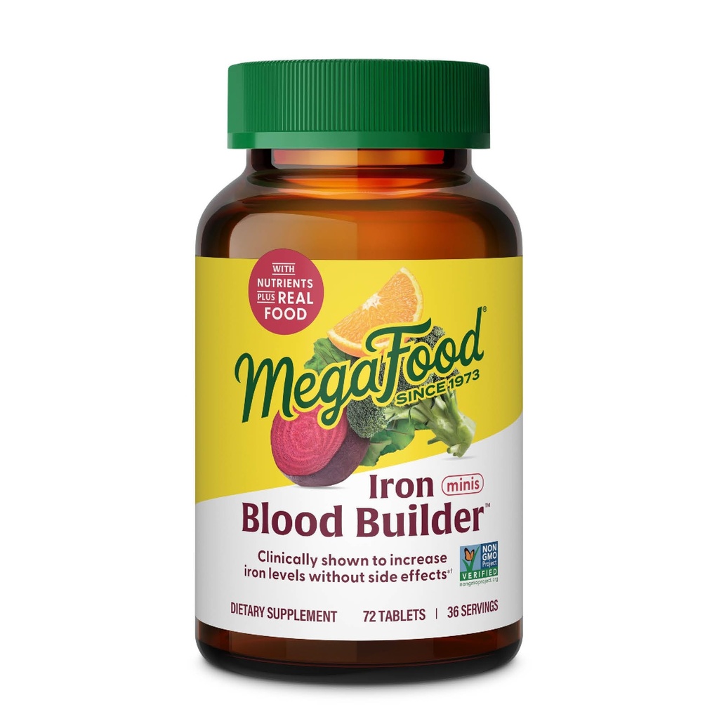MegaFood Blood Builder Żelazo suplement dla kobiet i mężczyzn - Zwiększenie poziomu żelaza bez skutków ubocznych - Zwalczanie zmęczenia - Witamina B12, Kwas foliowy i Witamina C - Wegan - 72 Mini tabletki (36 Służenie)