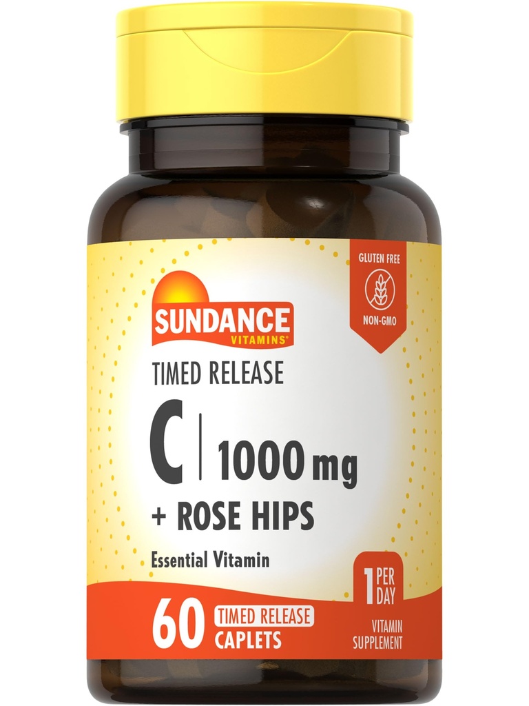 Sundance Witamina C 1000mg z Rose Hips 124; 60 Coated Caplets Release 124; Wegetarianin, Non-GMO i Gluten suplement wolny