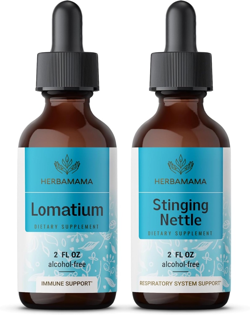 Zestaw ziołowych kropli ziołowych HERBAMAMA - zbiór ekstraktu korzeniowego Lomatium i nalewka do pęczka 2 fl oz - Wegan, Non-GMO, Cukier i Alkohol - 2 opakowania