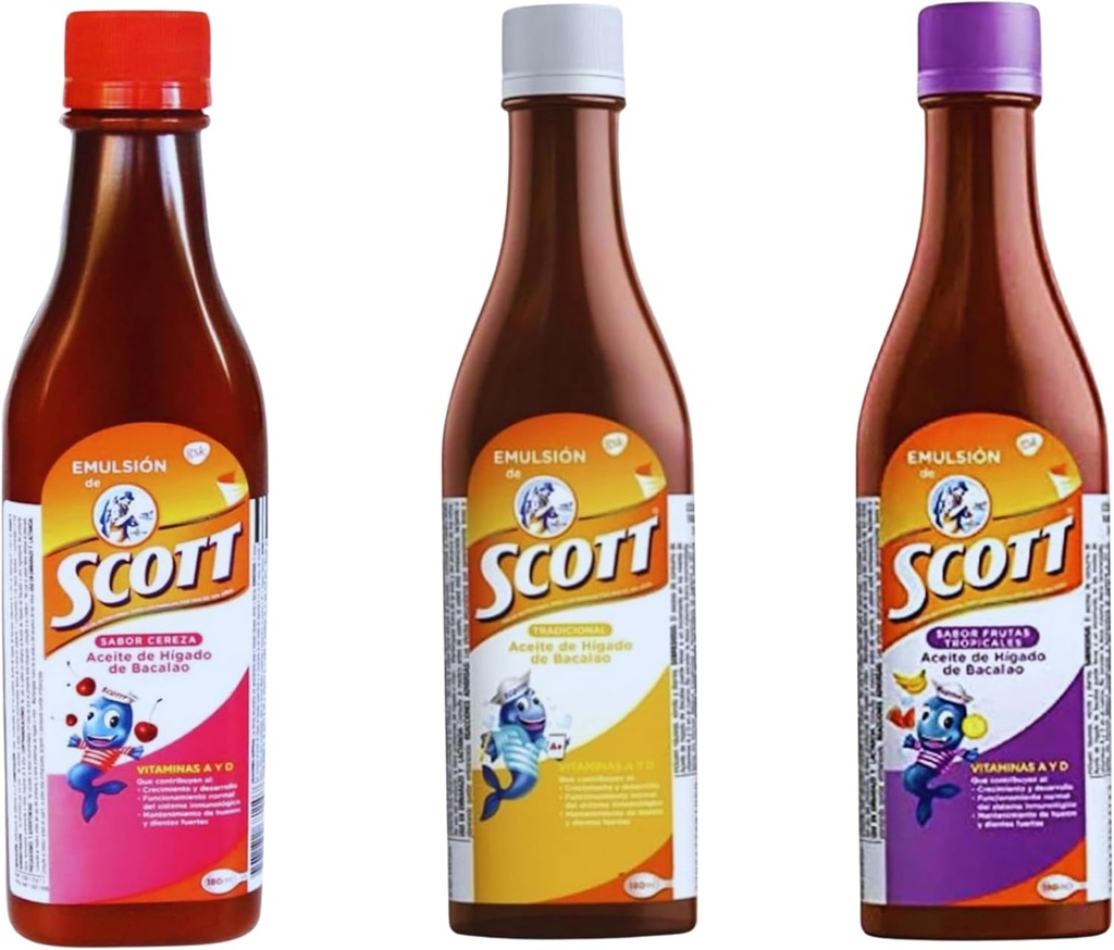 Emulsión de Scott 3 Pack Combo - olej z wątroby dorsza (tradycyjny, wiśniowy, tropikalny aromat owocowy) - 180ml