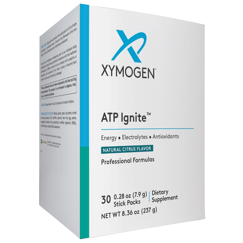 XYMOGEN ATP Ignite Energy Drink Powder - Wspiera zamianę elektrolitów + Biosyntezę ATP z przeciwutleniaczami, Aminosami, Witaminami, Elektrolitami + 95mg kofeiny (30 opakowań z cytrusami)