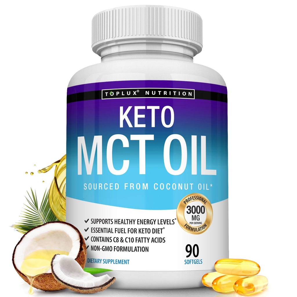 Toplux Keto MCT Oil Capsules - 3000mg Natural Pure Coconut Oil Extract Pills, Źródło energii, Łatwe w obsłudze dla mężczyzn Kobiety, 90 Softgels, Suplement