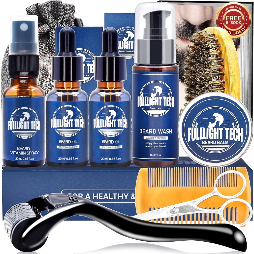 Zestaw do pielęgnacji brodę dla męskich - Nourish Soft Patchy Beard W / witamina Spray, Olej wąsaty, Balsam, Myć, Boar Bristle Brush, Drewniany grzebień, Nożyczki, Valentines Ojcowie prezenty dla mężczyzn Tata jego mąż chłopak