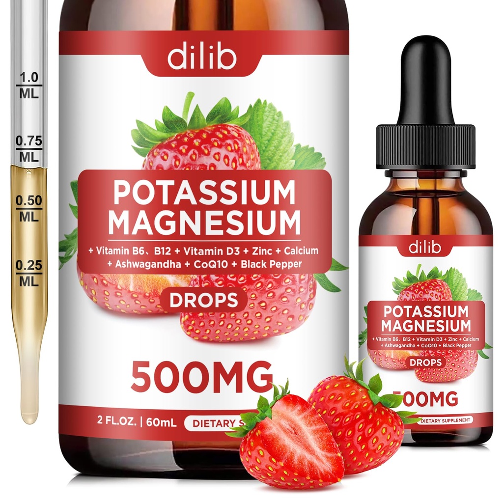 Potasu Magnezu Citrate Supplement, Płynny Magnezu Citrate Drops 500mg z Ashwagandha, Wapń, Cynk, Witamina D3, B6, B12, CoQ10 - Support Calm & Bone & Muscle & Immune Health Vegan 2 fl oz
