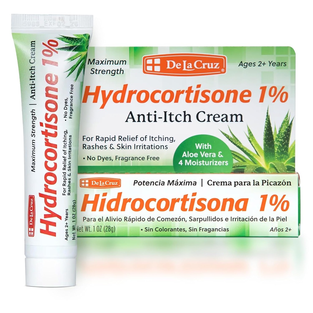 De La Cruz 1% krem hydrokortyzonu - maksymalna wytrzymałość - krem przeciwnowotworowy z Aloe Vera i nawilżaczami na suchą skórę, zaczerwienienie, zapalenie skóry, wyprysk i wysypki - 1 OZ (28g)