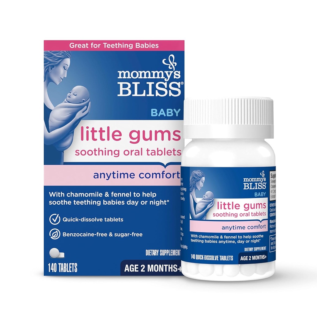 Mamuśka Bliss Little Gums Kojące tabletki doustne, Świetne dla dzieci Teething, Benzocaine- Free & Cukierka, 2 Miesiące +, 1 Butelka (140 tabletek)