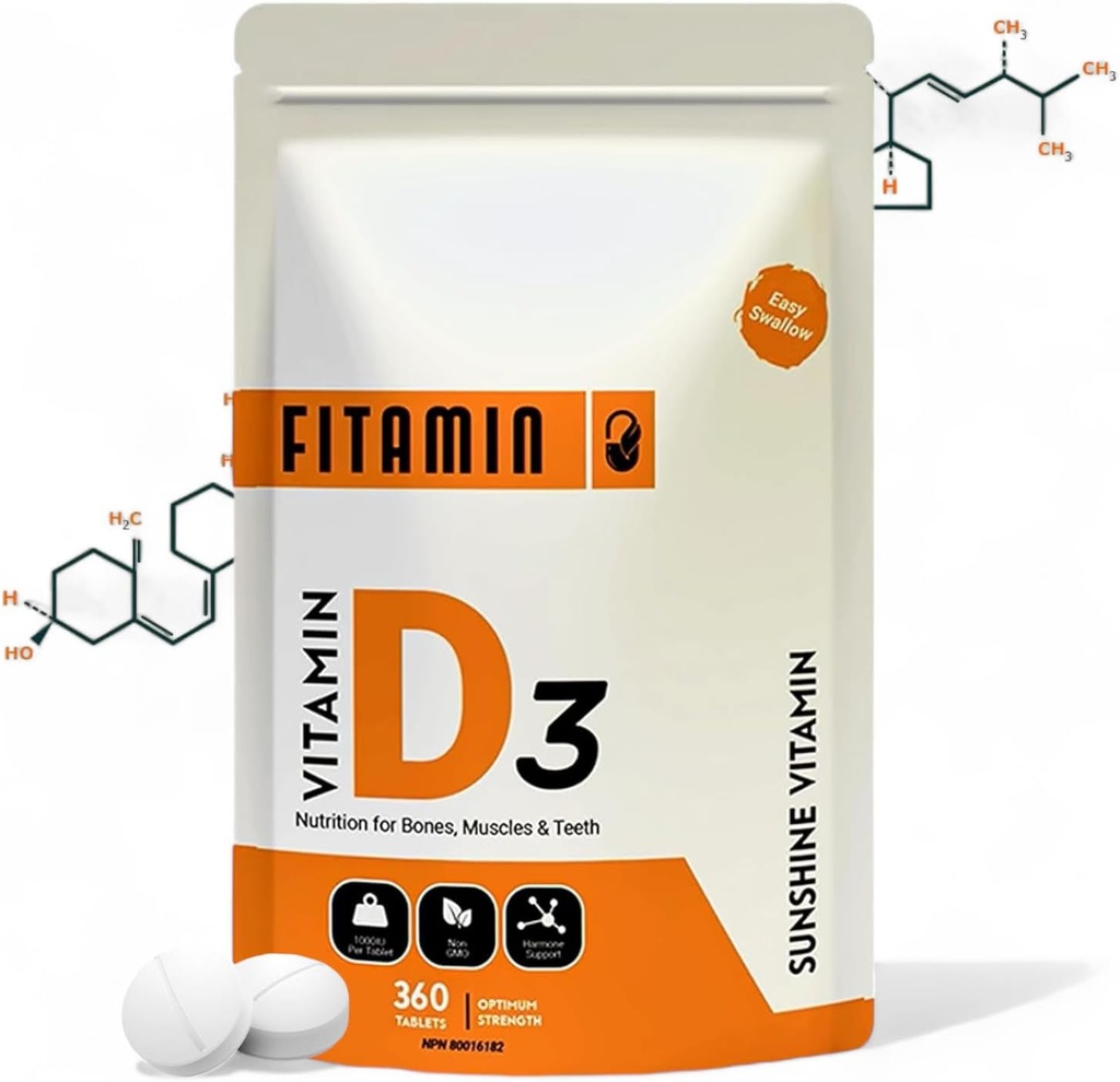 Witamina D3 1000iu - 360 Easy- Połknięcia tabletek dla silnych kości, zdrowe zęby, Wsparcie układu immunologicznego i funkcje mięśni - Naturalny suplement witaminy D - 1 Rok dostaw dla mężczyzn, kobiet i seniorów