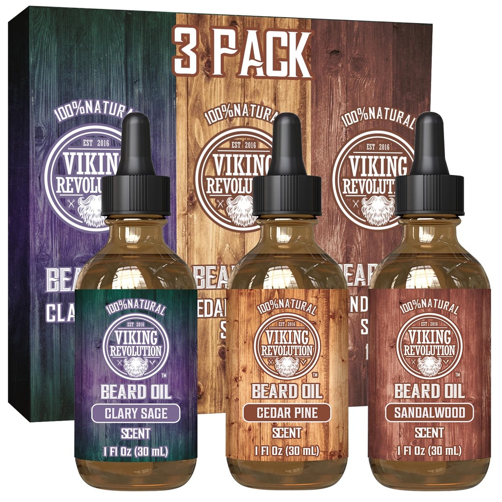 Viking Revolution Beard Oil for Men 3 Pack - Natural Mens Beard Oil Variety Set - Sandalwood, Sine and Cedar, Clary Sage Scents - Beard Condition and Moisturizing for a Healthy Beard (3 Pack, 1oz)