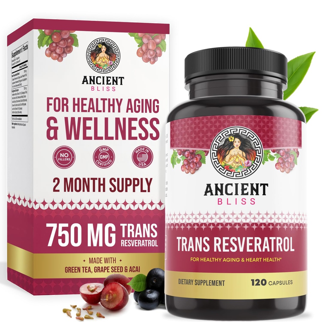 Ancient Bliss Resveratrol Potężny suplement przeciwutleniający z zielonej herbaty, ekstrakt z nasion winorośli dla zdrowego starzenia się mężczyzn i kobiet