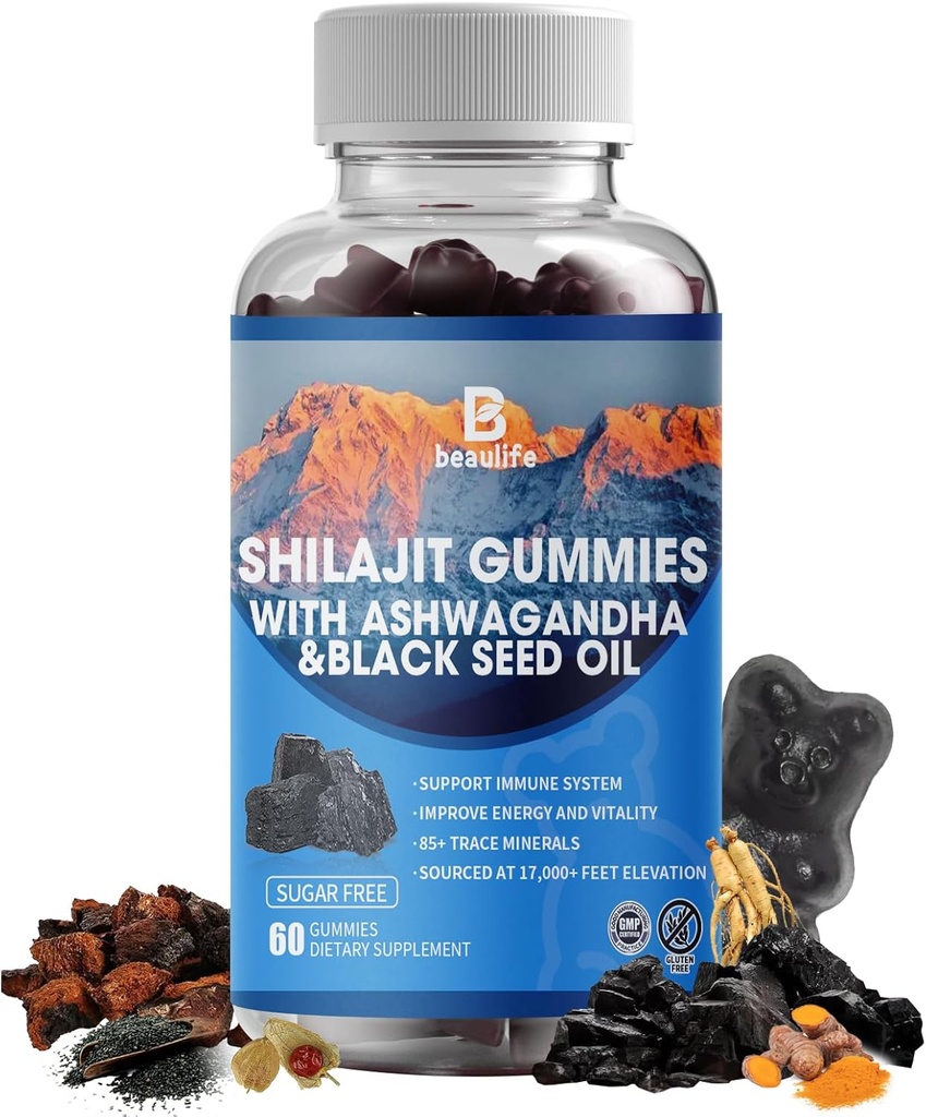 Shilajit Gummies, Shilajit, Resin, 85 + Ślad Minerały, Kwas Fulvic, Fitonutrienty, Witamina C, D, B12, Ashwagandha, Chaga Mushroom, Turmeric, dla energii, Wsparcie immunologiczne