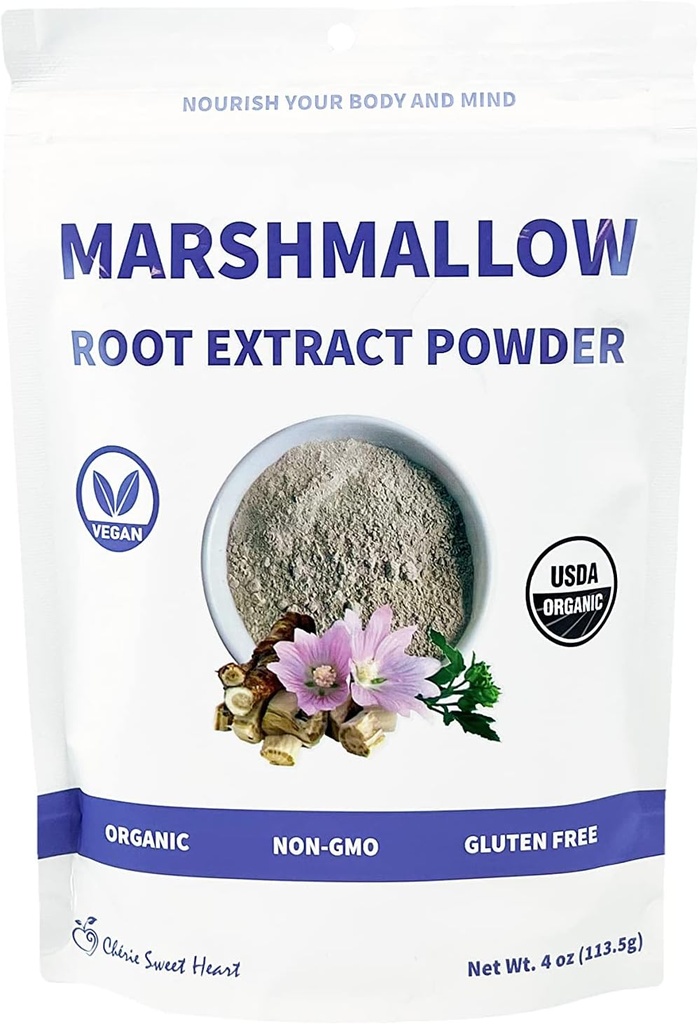 Chérie Sweet Heart USDA Organic Marshmallow Root Powder, Wypełniacz wolny, Tradycyjne używane, Bez GMO, Wegańskie Przyjazne, 4 uncje