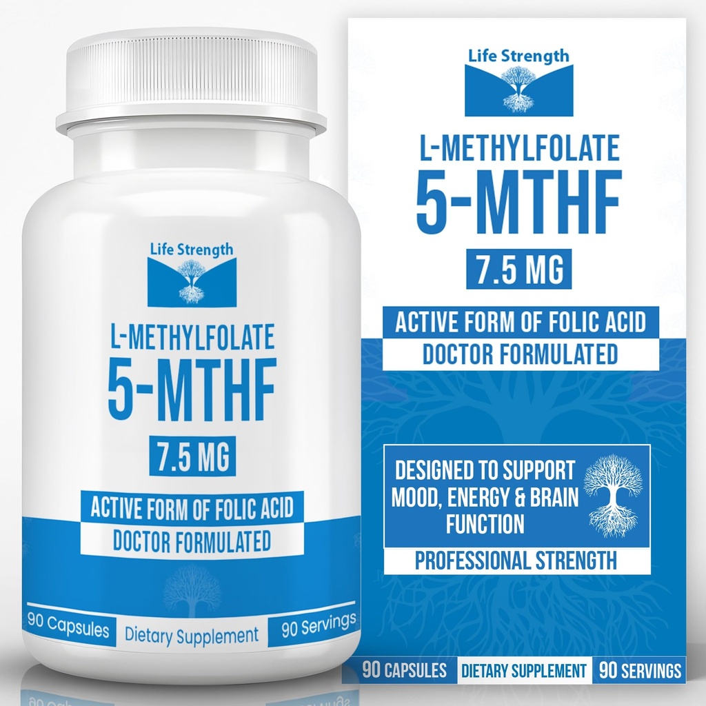L- Metylofolat 7.5 MG, Zoptymalizowany i wysoce bioaktywny kwas metylowy, 5-MTHF Suplement do nastrojów i wsparcia immunologicznego, Natural Diet Supplement for Energy, Non-GMO & Gluten- Free, 90 Kapsułki
