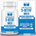L- Metylofolat 7.5 MG, Zoptymalizowany i wysoce bioaktywny kwas metylowy, 5-MTHF Suplement do nastrojów i wsparcia immunologicznego, Natural Diet Supplement for Energy, Non-GMO & Gluten- Free, 90 Kapsułki