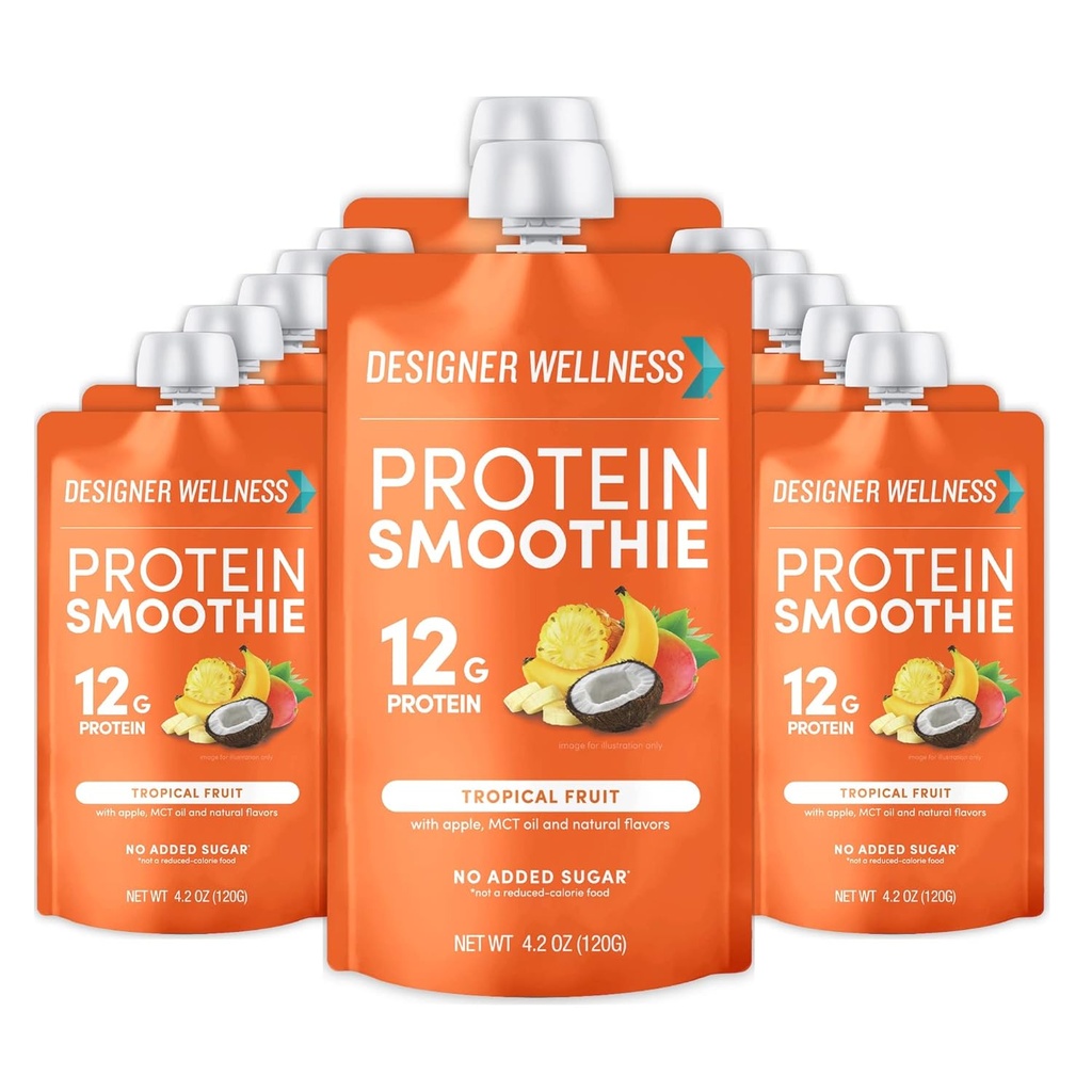 Designer Wellness Smoothie Protein, Prawdziwe owoce, 12g białka, Niskie węglowodany, Zero dodawany cukier, Bez glutenu, Nie-GMO, Brak sztucznych kolorów lub aromatów, Tropikalny, 12 Hrabia