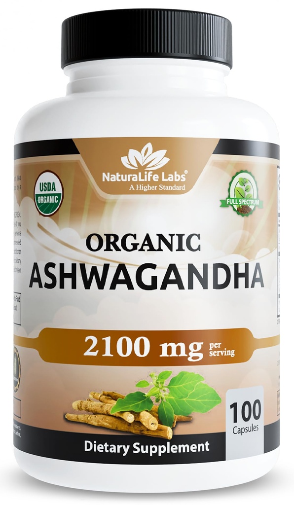 NaturaLife Labs Organic Ashwagandha 2100 mg na porcję - Root Powder & Extract - 100 Kapsułek - Vegan, Non-GMO, Gluten- Free