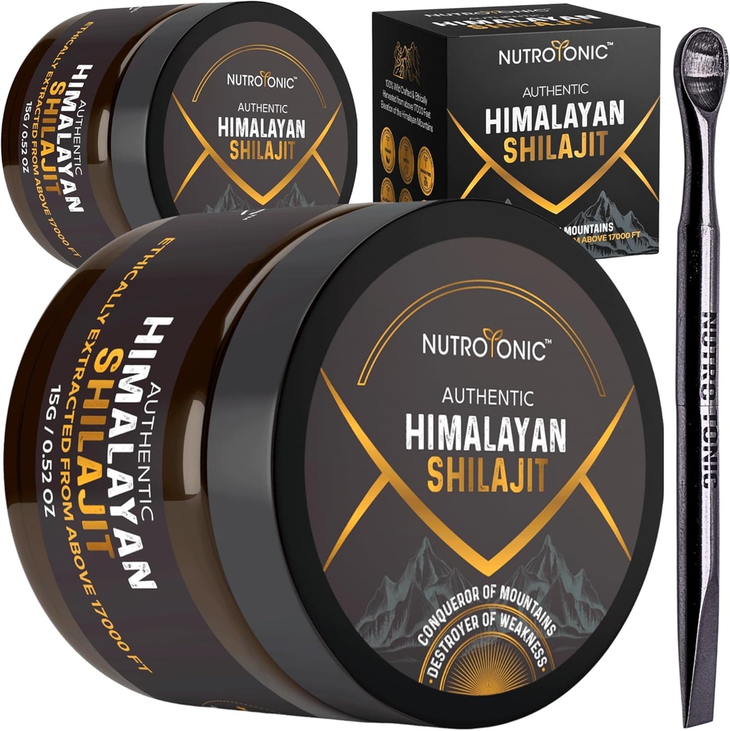 NutroTonic ® Autentic Himalayan Shilajit Resin for Men & Women - Gold Grade 86% Fulvic Acid - Wild Crafted + 17000 FT - 40x Nano Filtered & Sun Dried - 3rd Party Lab Tested - 15g Jar (Opakowanie 2)