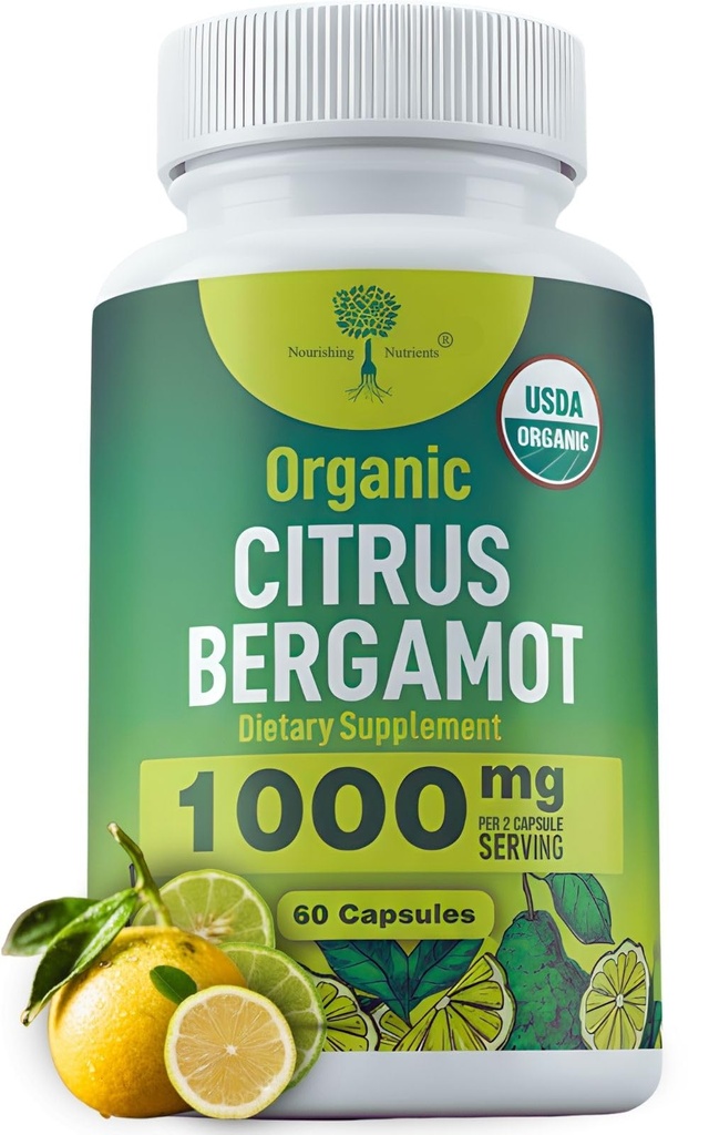 Organic Citrus Bergamot Supplement - Tylko USDA, Kardiolog z 200 + Badania naukowe -1000mg - Opatentowany ekstrakt, Serce, Cholesterol, & Lipid - Włoski Bergamot Wysokie Polifenole 60czapki