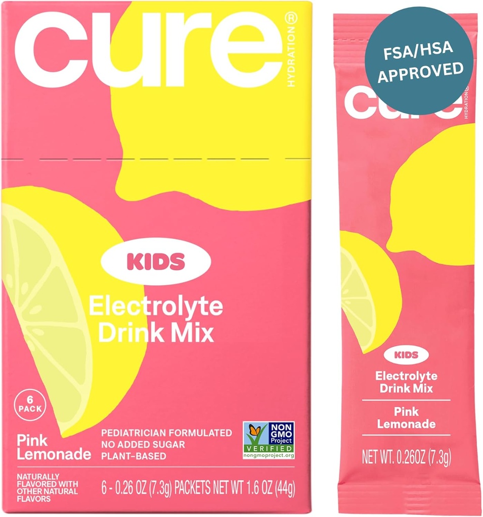 Nawodnienie Cure Kids Electrolyte Drink Mix 124; Pediatryka na podłożu plantacyjnym Uwodniony Nawodnienie 124; Nie dodawany cukier, FSA- HSA, Nie-GMO, Gluten- Free, Nie sztuczne aromaty 124; Pudełko 6 opakowań - Różowa lemoniada