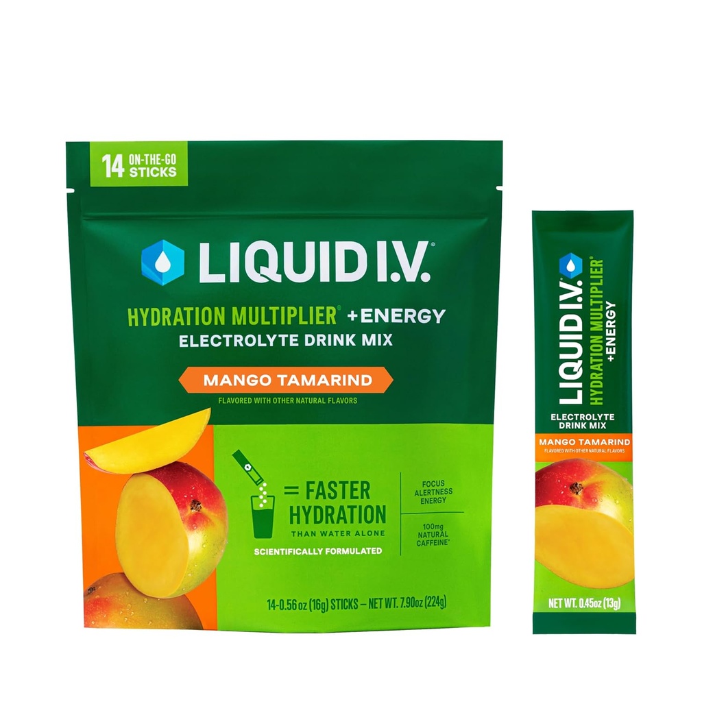 Płyn I.V. ® Nawodnienie Multiplikator ® + Energia - Mango Tamarind - Pakiety proszku nawadniającego 124; Napoje proszkowe elektrolityczne mieszanka 124; Wygodne jednorazowe podawanie kleszczy 124; NieGMO 124; 14 Podawanie (Opakowanie 12)