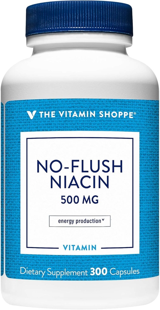 Witamina Shoppe No Flush Niacin 500MG, Wspiera poziom cholesterolu już w normalnym zakresie, Wspiera metabolizm i wytwarzanie energii, Raz dziennie (300 kapsułki)