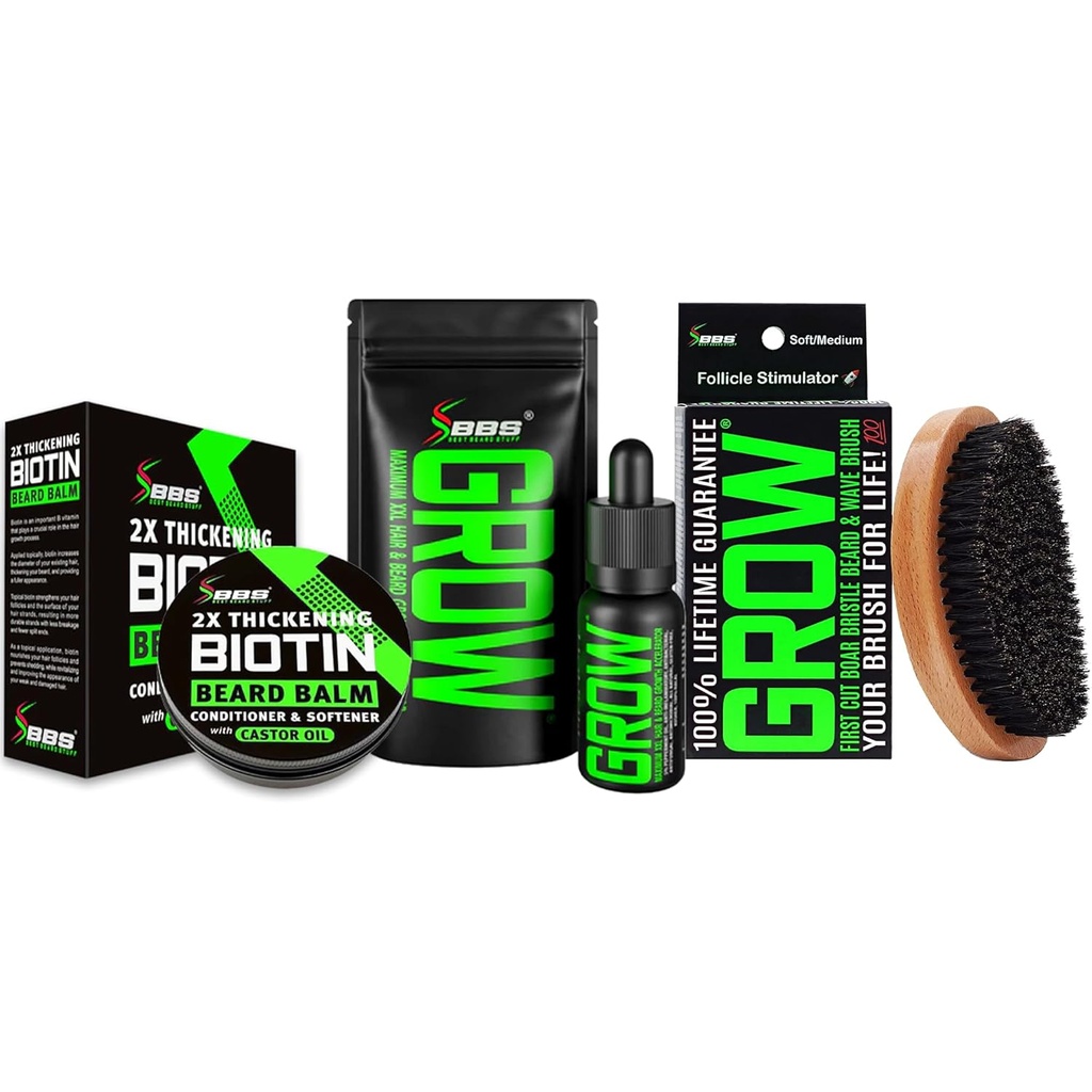 Beard Growth Kit w / GROW XXL Beard Oil / Serum dla wzrostu włosów twarzy dla mężczyzn + 100% Żywotny zamiennik dzika Bristle Brush + 2X Grubość Biotin wąsacz Wosk i balsam dla mężczyzn - Stworzony w Ameryce