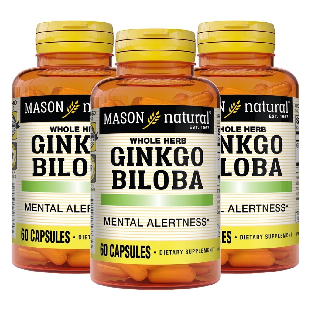 MASON NATURAL Ginkgo Biloba, 3 miesięczne dostawy, Pomaga poprawić psychiczną alertywność i wsparcie Optymalne funkcje mózgu, 60 kapsułek (3 opakowania)