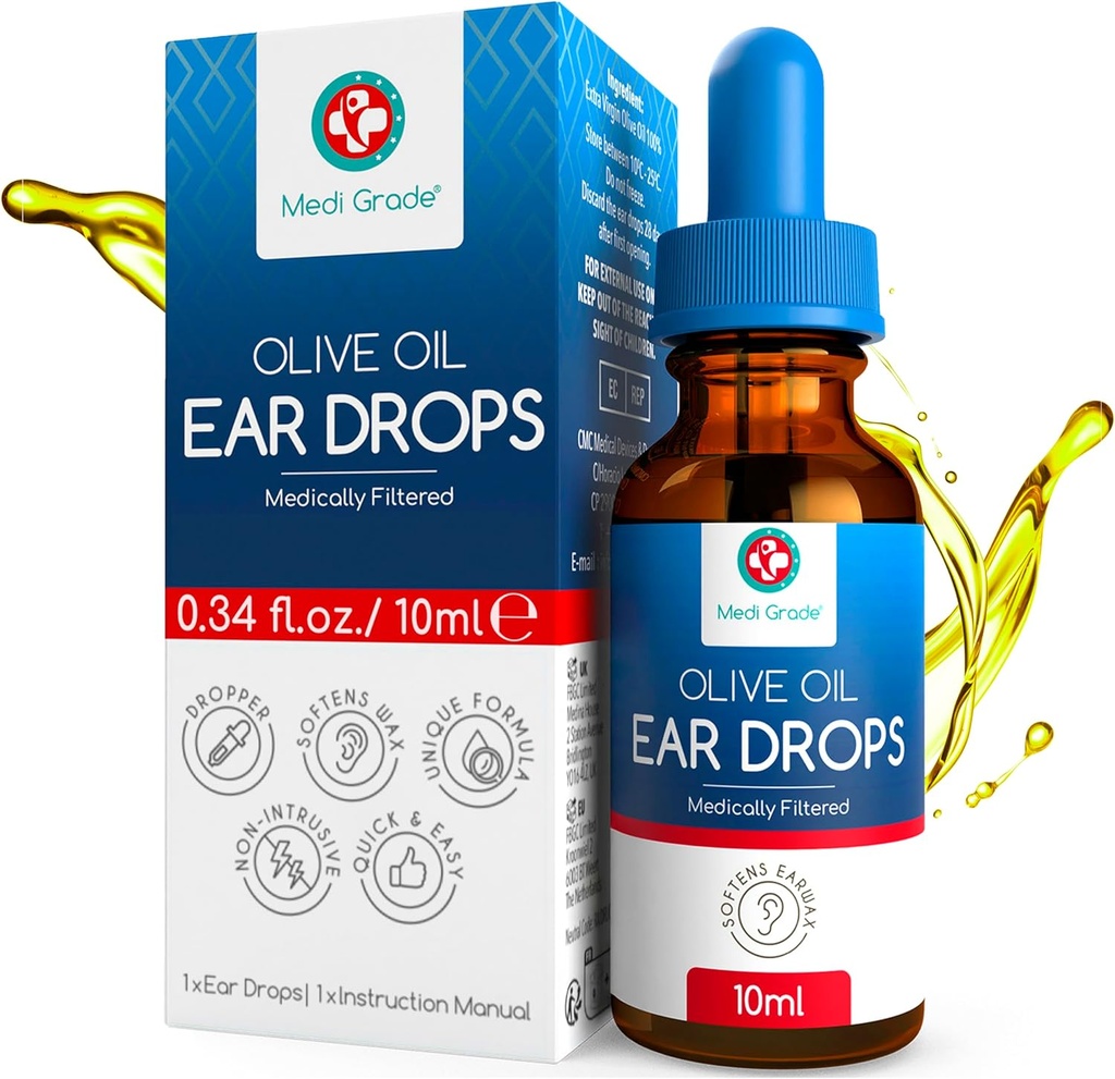 Medi klasy Olive Oil Drops do usuwania woskowych i zablokowanych uszu, 10 ml - 100% Natural Ear Wax Removal Drops z kroplomierzem kroplomierzem pipetki i usuwa utwardzony Wosk ortopedyczny Buildup - Advanced Ear Wax Drops