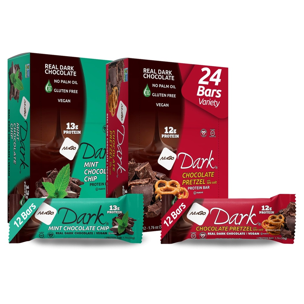 NuGo Dark Variety - Czekolada Pretzel 12 Bary i mięta Czekolada Chip 12 Bary, 12- 13g Białko, Wegan, Gluten Free, Non-GMO, Kosher Pareve, 24 Hrabia