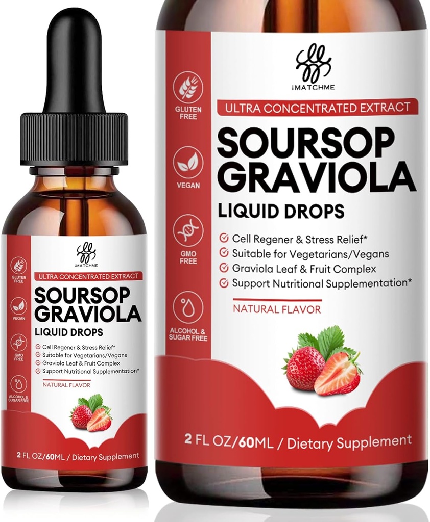 iMATCHME Soursop Liquid Drop Graviola, Soursop Bitters Liquid, Natural Soursop Leaves & Fruit Complex for Total Wellness, Cukier / Kofeina / Gluten Free, Strawberry Flavor, 2 Fl Oz
