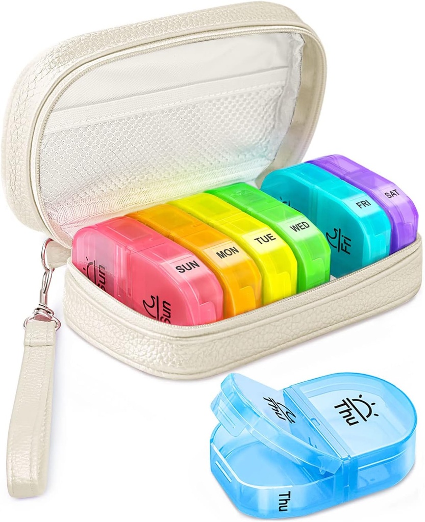 Cute Pill Organizer 2 Times a Day, PU Leather Pill Case for Women, Portable Weekly Pill Box for Purse with Storage Bag to Hold Vitamins, Medications, Fish Oils, Supplements (Beige)
