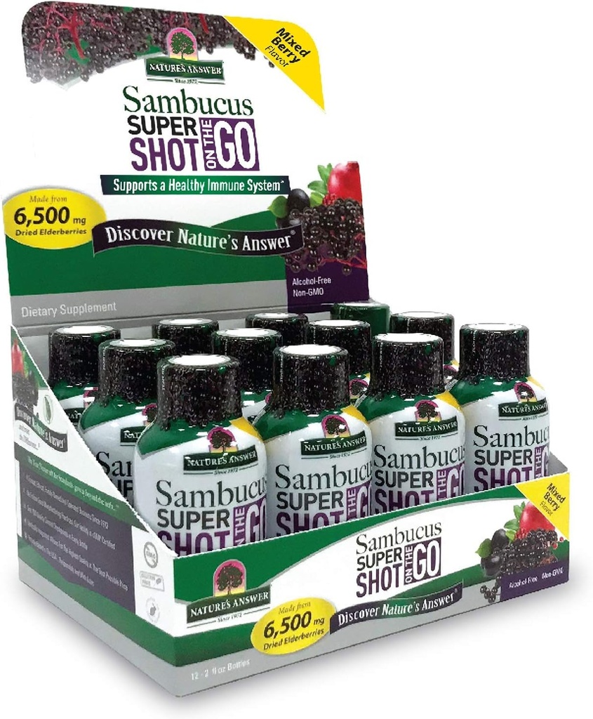 Odpowiedź natury Sambucus Immune Travel Shot (12 Pack) Elderberry on The Go. 2oz. Bezalkoholowy Sambucus Black Elderberry Airplane / Travel Shot
