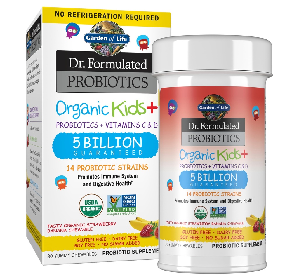 Ogród Życia Dzieci Probiotyki, Dr. Tworzywa Probiotyki Organiczne Dzieci + Witamina C & D, Strawberry Banana, Gluten Dairy & Soy Wolny Immune & Digestive Health Supplement, 30 Chewables (Szafka Stabilny)