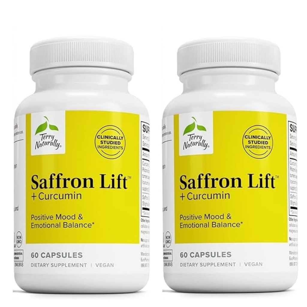 Terry Natural Saffron Lift + Curcumin - Herbal Supplement with Curcumin - Nie-GMO Saffron & Brain Curcumin Kapsułki - Concentration & Relaxation Supplement - 60 Kapsułek (Opakowanie po 2)