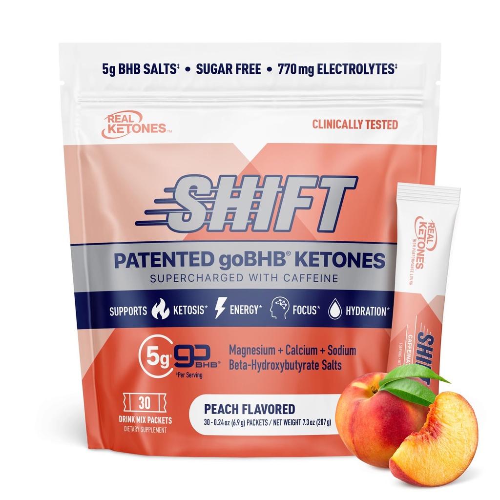 Real Ketones BHB Exgenous Ketones Drink Mix Pakiety Keto Electrolytes Powder Pakiety bez cukru z 4 Głównymi Elektrolitami Post Plus Nawodnienie Opatentowane Keto BHB - 30 Hrabia Peach Caepine