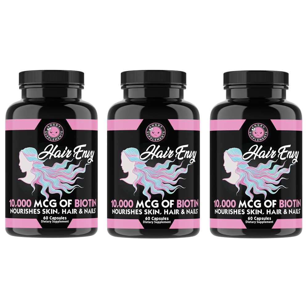 Wściekłe dodatki Włosy Envy 10.000 µg Biotin + Keratyna, Grow + Włosy Hydrate, Wzmocnić gęste paznokcie, Klarowna i Nourish Skóra - Pomoc Uszkodzone gęste włosy, (3- Butelki)