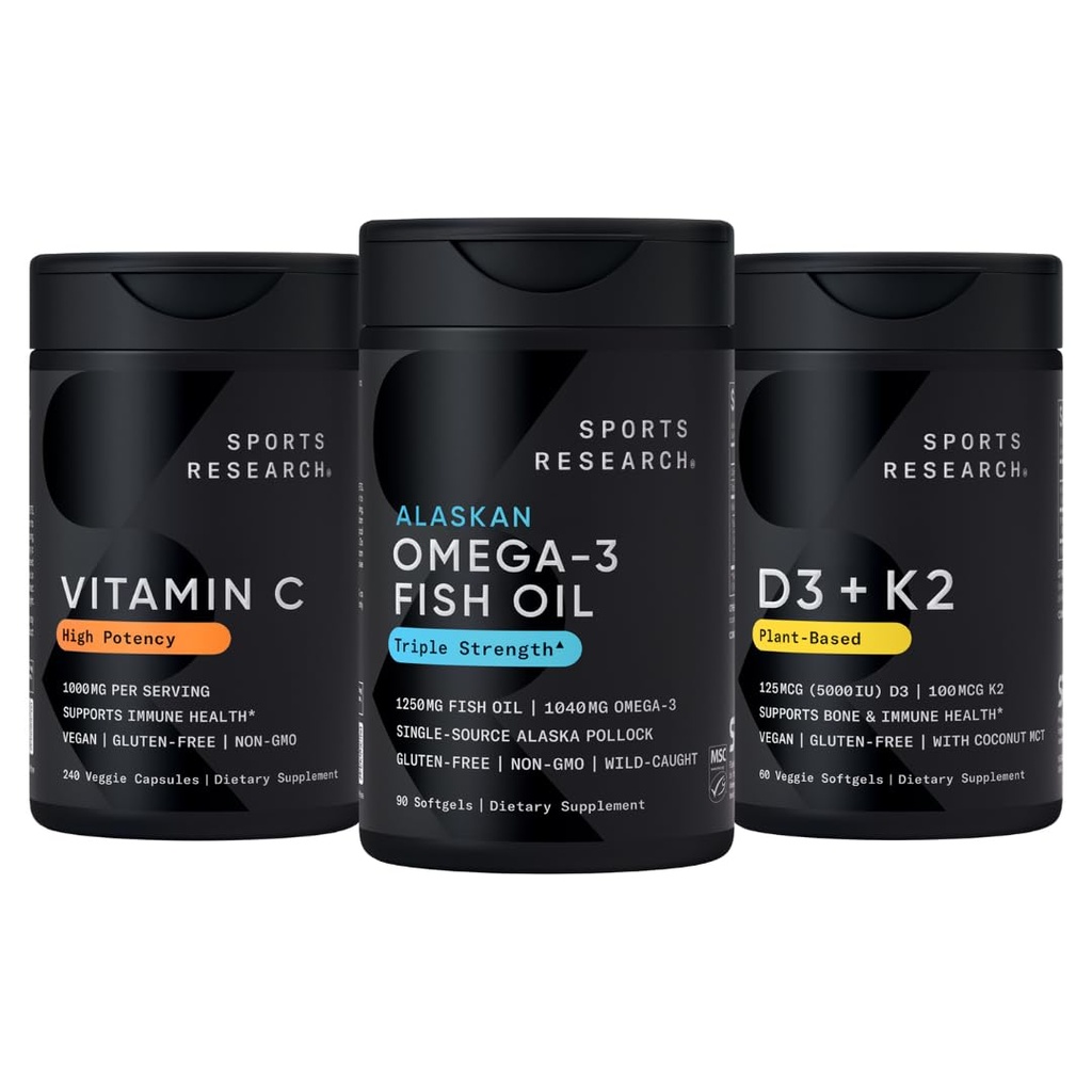 Badania sportowe 1250 mg Omega 3 Beztłuszczowy olej rybny - Dziki Pollock Alaskan - (90 Hrabia), Witamina C 1000mg (240 Han) + Wegan 5000iu Witamina D z 100mcg Mk7 Witamina K (60 Han)