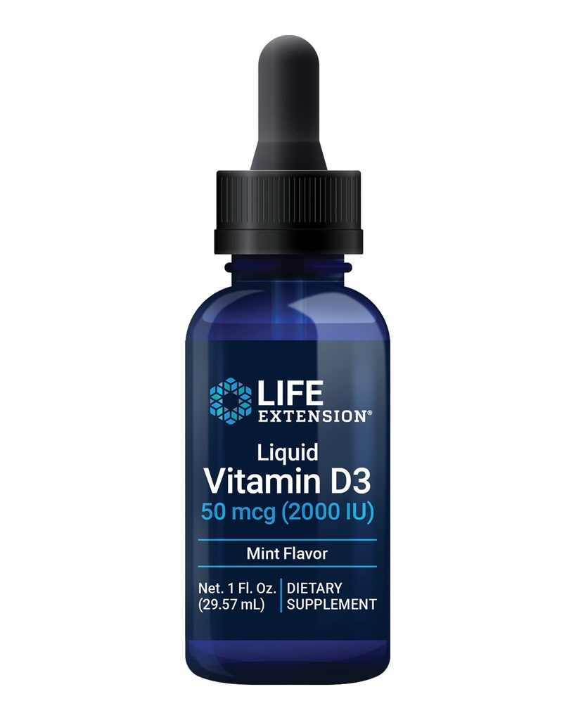 Wydłużenie życia Witamina płynna D3 (Mint), 50 µg (2000 j. m.), Wsparcie układu immunologicznego, Zdrowie kości, Zdrowie całego ciała, Smaczny aromat mięty pieprzowej, Bez glutenu, Non-GMO, 29.57 ml