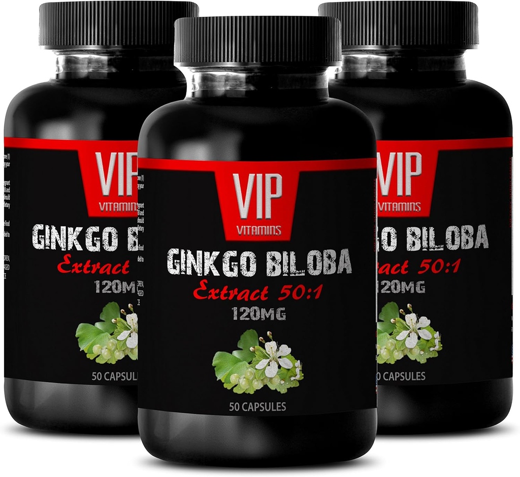 VIP VITAMINS Ginkgo biloba for Teens - Ginkgo Biloba Leaf 120mg - for Healthy Brain Function (3 butelki - 150 kapsułek)