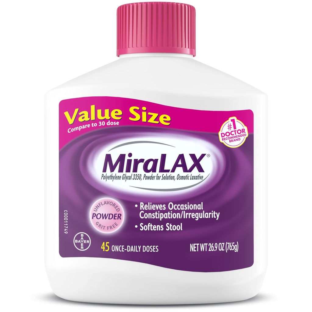 MiraLAX Proszek laksywacyjny, Łagodne Zaparcia Relief dla dorosłych, Stool Softener z PEG 3350, Niestymulujący Laksywacyjny, No Harsh Side Effects, Osmotic Laxative, 45 Dawka