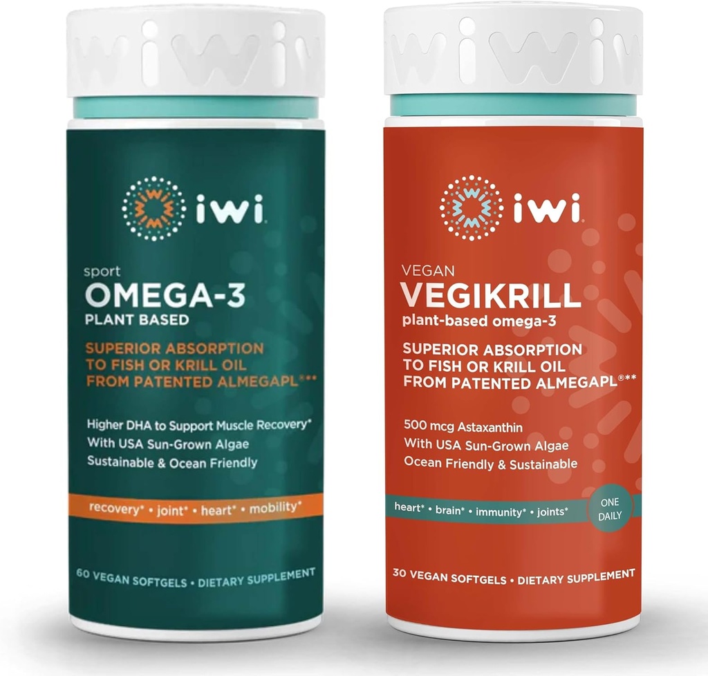 iwi Omega-3 Sport & Vegikrill Omega-3 Bundle, 30 Służenia, Wegan Plant-Algae Omega 3 z EPA + DHA, Kryll & Fish Oil Alternative, No Fishy Aftertaste