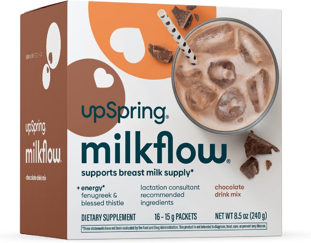 UpSpring Milkflow Energy Breesting Supplement Drink Mix z kozieradką, Czekoladowy Flavor, Suplement do Laktacji do wsparcia dostaw mleka piersi i witaminy B, 16 Mieszanki do picia