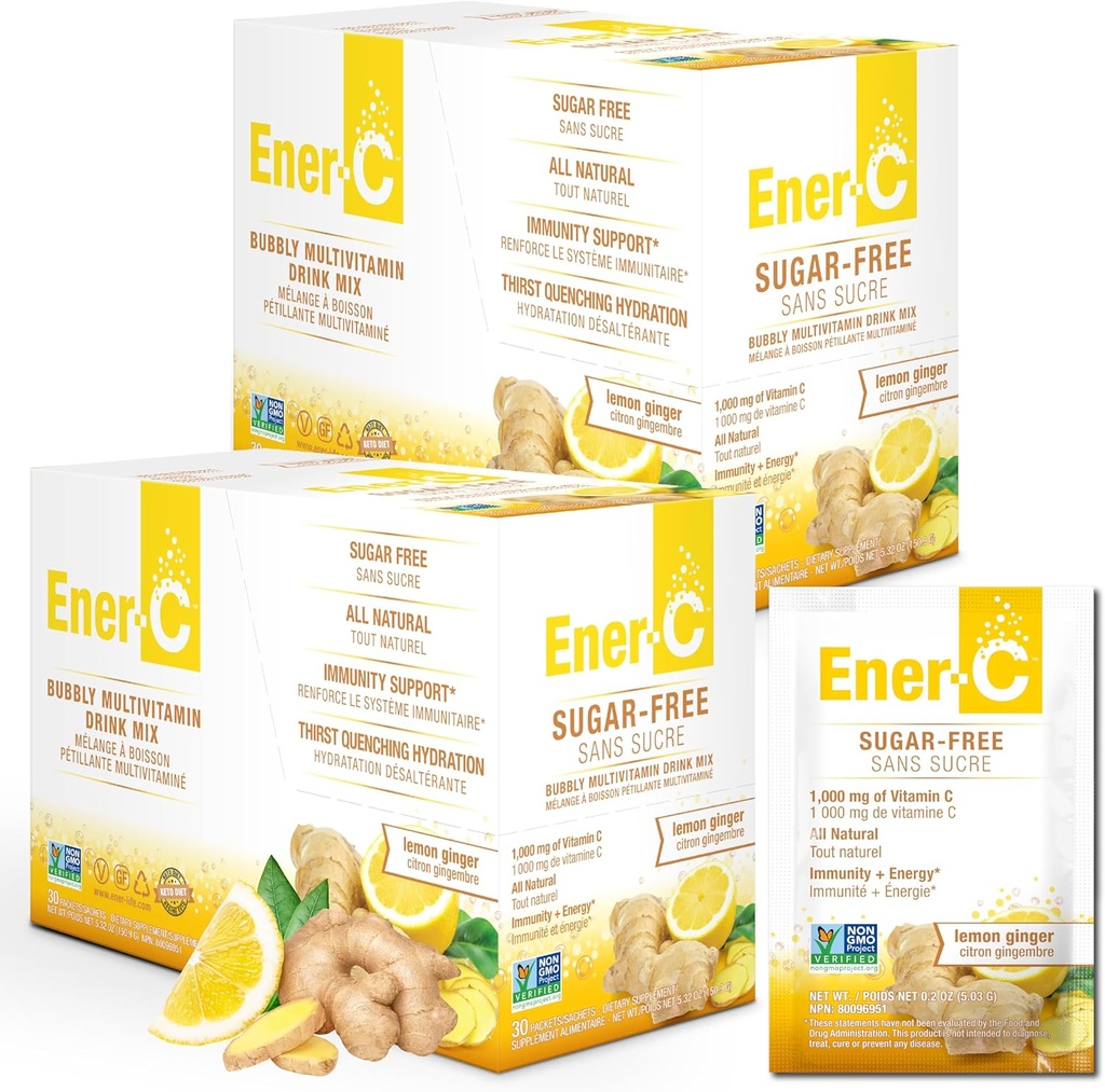 Ener- C Bezcukrowa energia Lemon Imbir Multivitamin Drink Mix Witamina C 1000mg & Elektrolity - Naturalne wsparcie odporności z Real Fruit Juice proszki - Non-GMO Vegan & Gluten Free - 60 Count