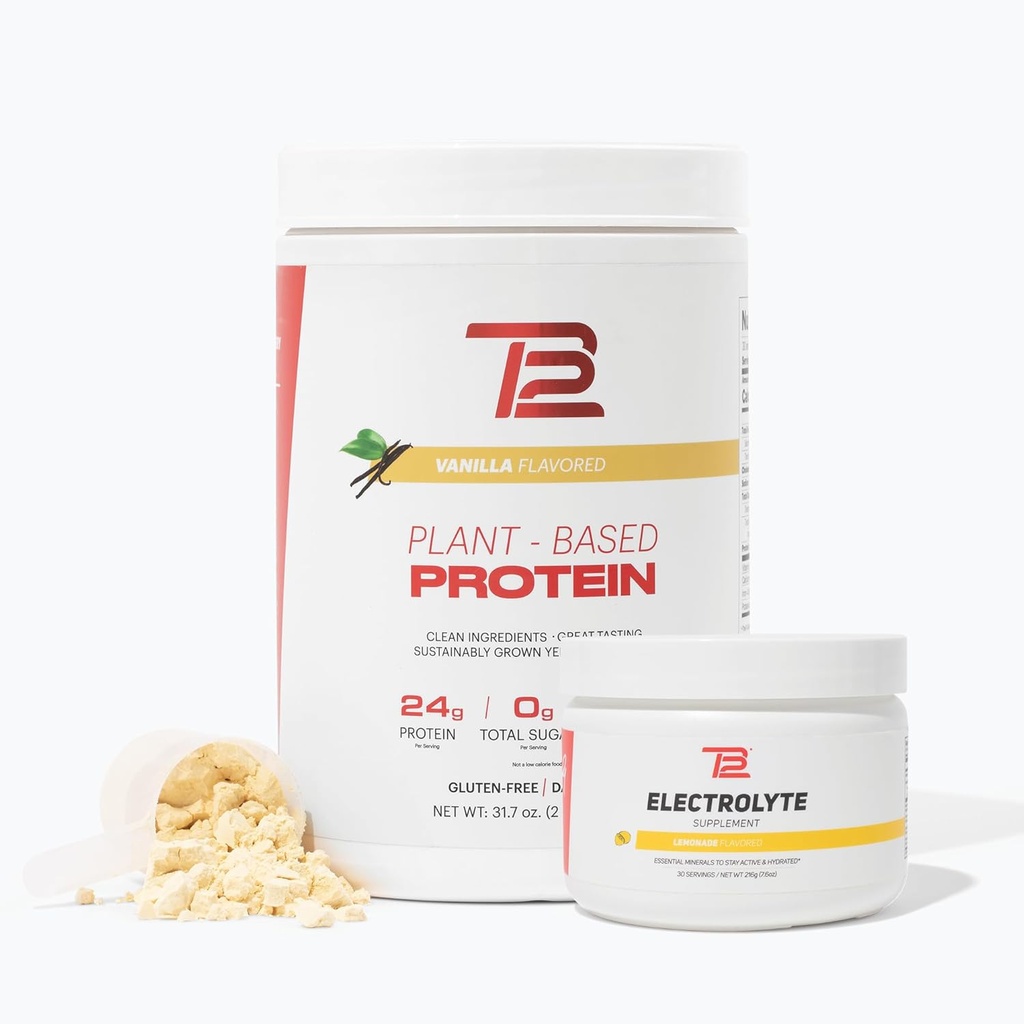 TB12 Plant Based Strength & Hydration Bundle (Vanilla Protein Powder & Lemonade Electrolytes), Wsparcie Odzyskiwanie mięśni i Hydration, Bezmleczny, Non-GMO, Soy- Free
