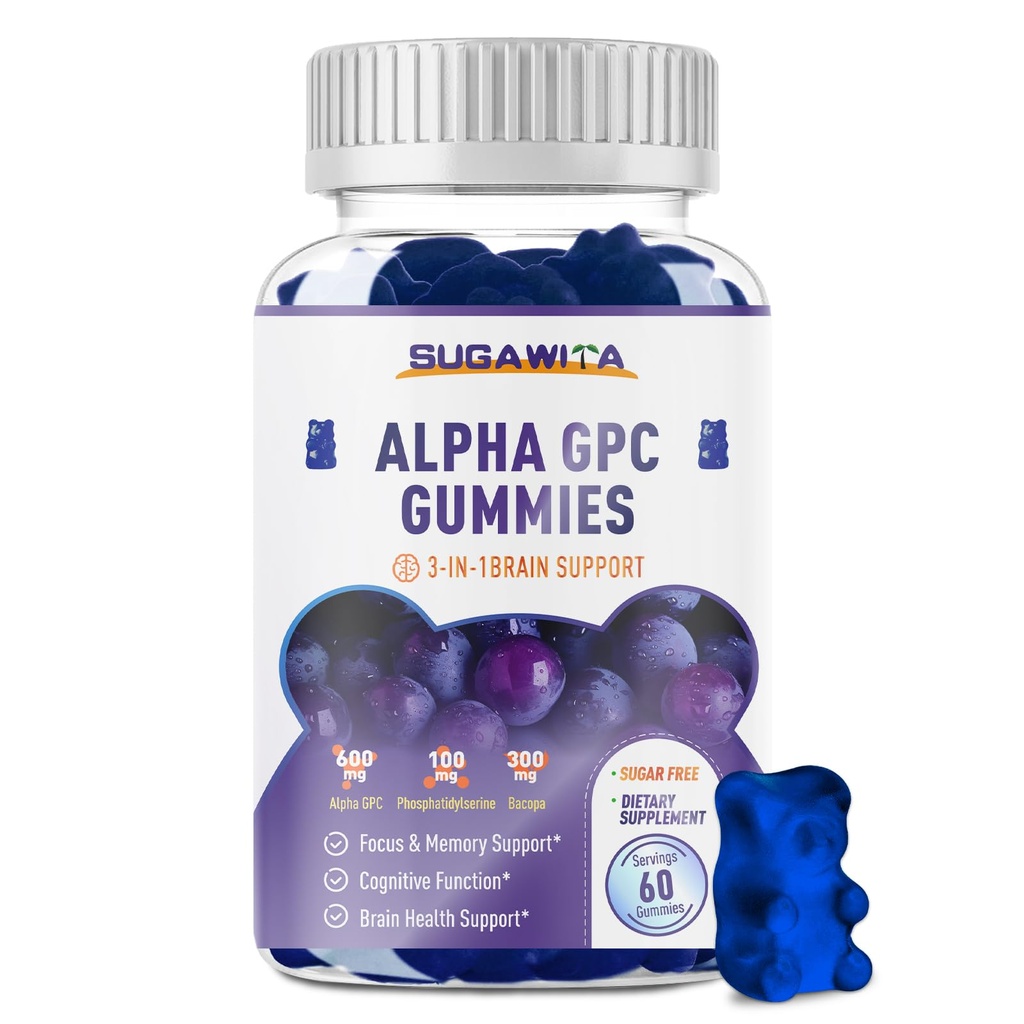 Alpha GPC Choline Gummies 600mg z fosfatydylseryną & Bacopa - 3- in-1 Wsparcie mózgu dla pamięci, Focus & Długoterminowy Cognitive Health - Bez cukru, Natural Formula, 60 Count