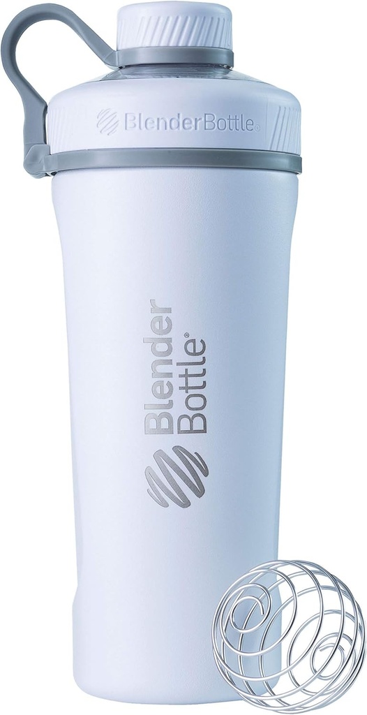 BlenderBottle Radian Shaker Cup Izolowana butelka wody ze stali nierdzewnej z drutu Whisk, 26- Ounce, Matte White