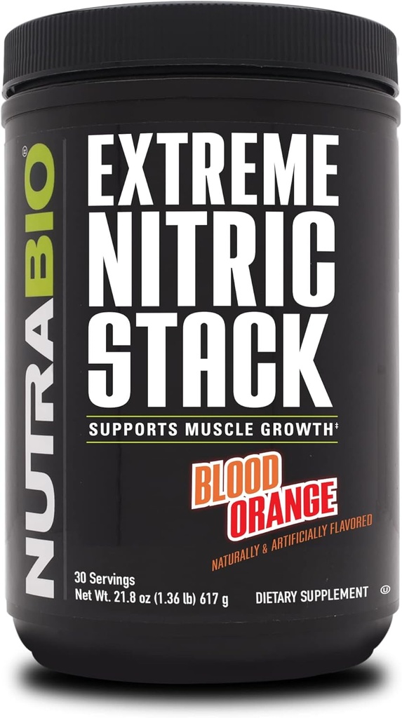NutraBio Ekstremalne stosy azotu, tlenek azotu i komórki Volumizing Formula- 30 Służenia (Blood Orange)