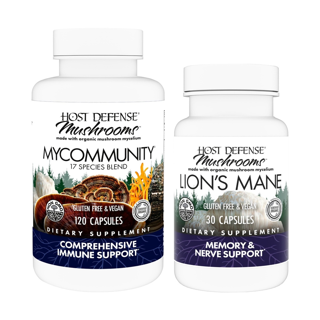 Host Defense MyCommunity Capsules, 120 Count & Lion 's Mane Capsules, 30 Count - Wsparcie dla zdrowia immunologicznego z 17 Gatunków Mieszanka grzybów - Wsparcie zdrowia mózgu, Pamięć i Focus *